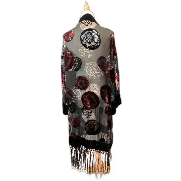 WinterSilks Vintage 100% Silk Black Burnout Velvet Kimono Jacket with Fringe XL - Picture 3 of 6